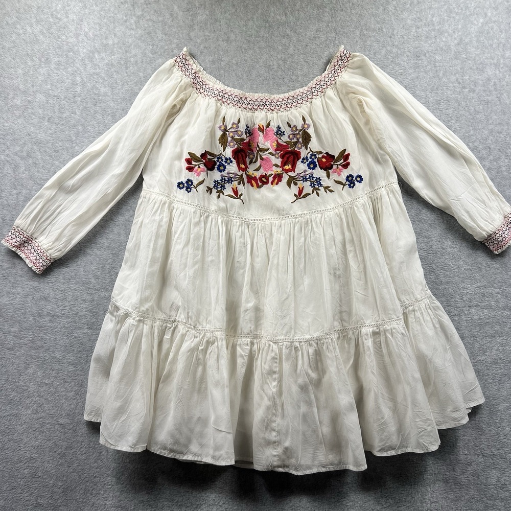 Free People Small Floral Embroidered Off Shoulder Mini Dress Boho Festival